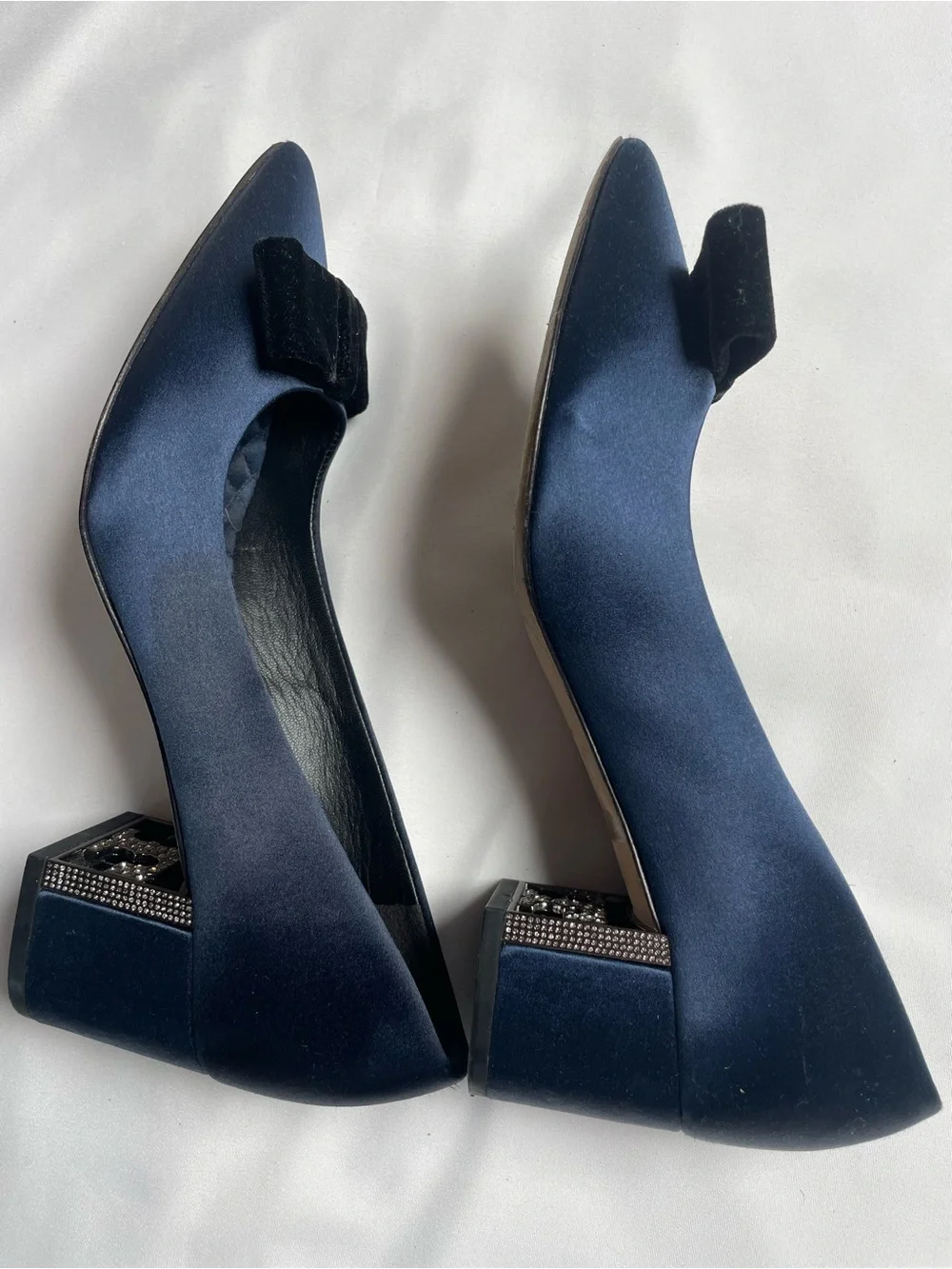 Tory Burch Navy Satin Pointed Flats with Black Velvet Bow